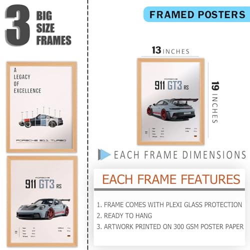 Gamya Engineered Wood Big Porsche Cars Framed Posters For Wall Decoration, Bedroom, Living Room, Gift Item For Boys | Set of 3 (13x19 Inches) (911 Specs) - Image 3