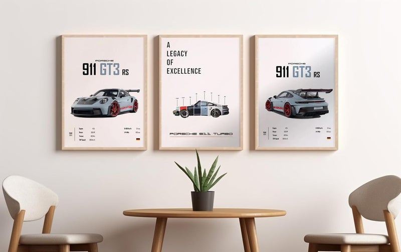 Gamya Engineered Wood Big Porsche Cars Framed Posters For Wall Decoration, Bedroom, Living Room, Gift Item For Boys | Set of 3 (13x19 Inches) (911 Specs) - Image 2