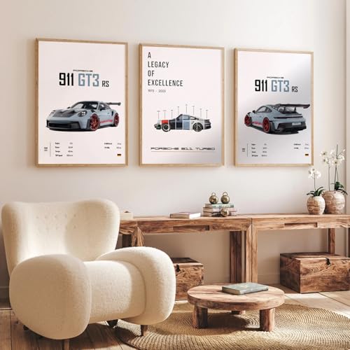 Gamya Engineered Wood Big Porsche Cars Framed Posters For Wall Decoration, Bedroom, Living Room, Gift Item For Boys | Set of 3 (13x19 Inches) (911 Specs) - Image 1