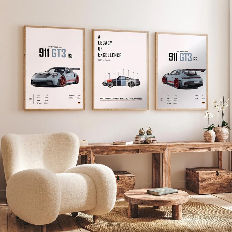 Gamya Engineered Wood Big Porsche Cars Framed Posters For Wall Decoration, Bedroom, Living Room, Gift Item For Boys | Set of 3 (13x19 Inches) (911 Specs) - Image 5