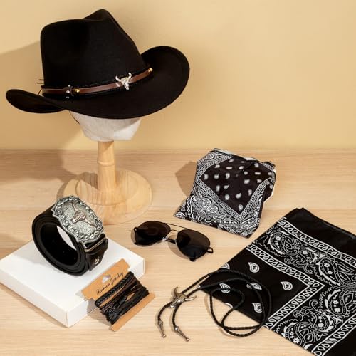 EIELO Cowboy Outfit for Men Western Cowboy Hat Leather Bolo Tie Belt Accessories Set for Halloween Cosplay Party Black - Image 3