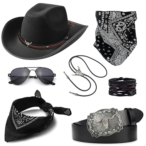 EIELO Cowboy Outfit for Men Western Cowboy Hat Leather Bolo Tie Belt Accessories Set for Halloween Cosplay Party Black - Image 1
