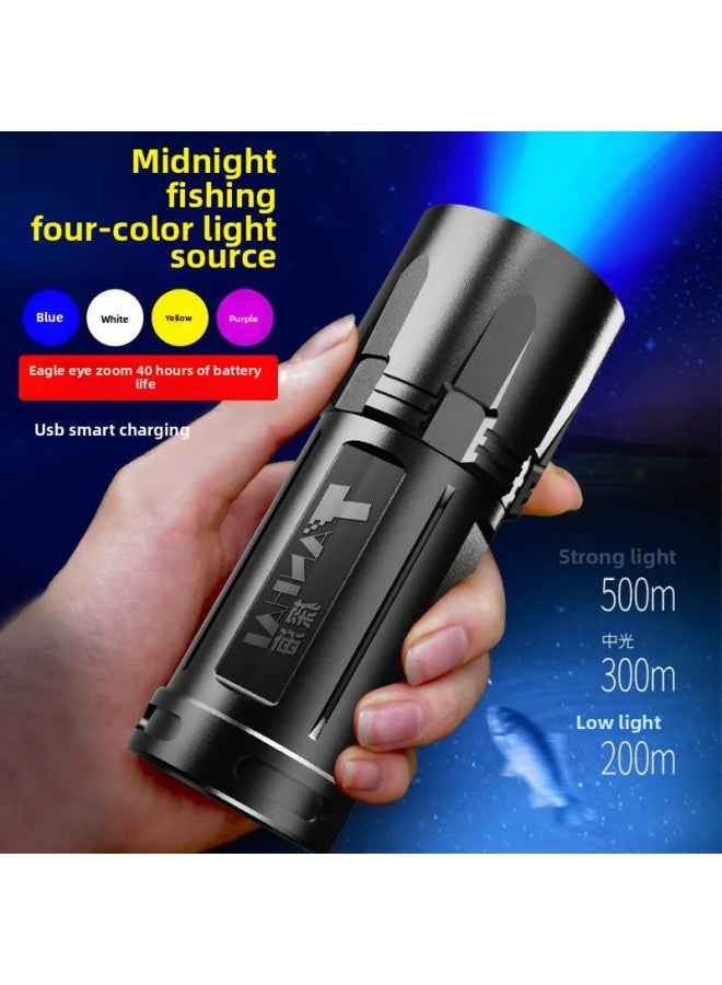 Night Fishing Lamp Laser Light Strong Light Fishing Lamp Purple Light Table Fishing Blue Light Four Light Source Fishing Fish Charging Flashlight-Color:65 Hours Of Four Light Sources + 65 Hours Of Induction Bait Light  - Image 3