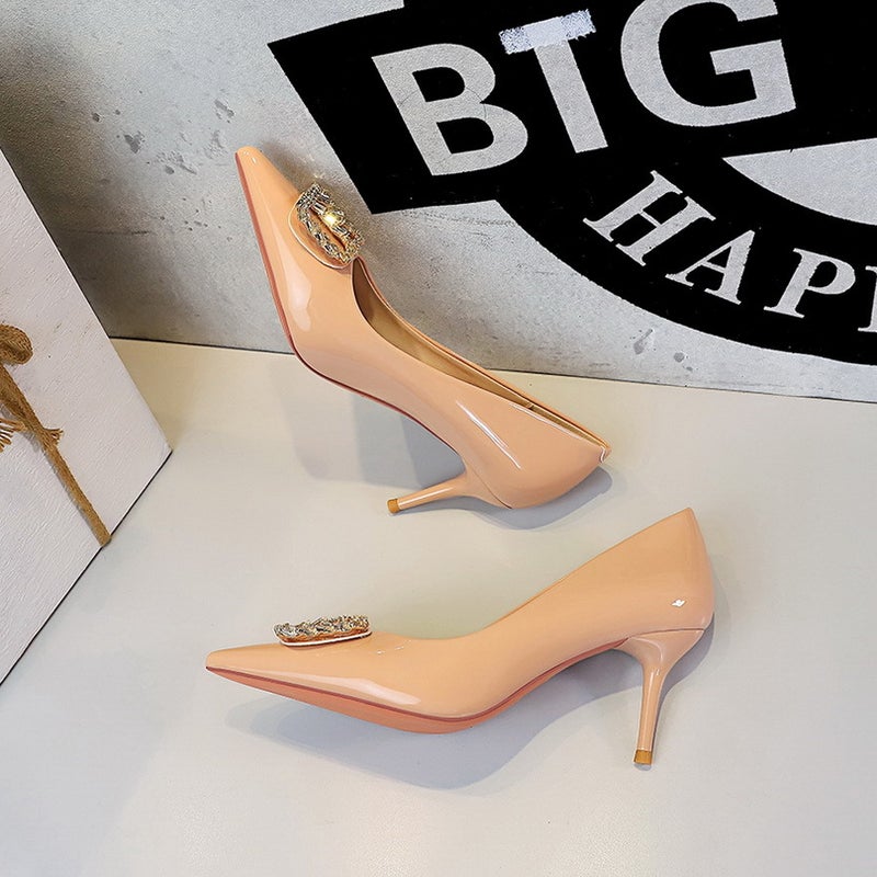 9283-K213 Women'S Fashionable High-Heeled Shoes With Rhinestones, Pointed Toe, Stiletto Heels, Patent Leather, Shallow Mouth, Comfortable High-Heeled Single Shoes - Image 1