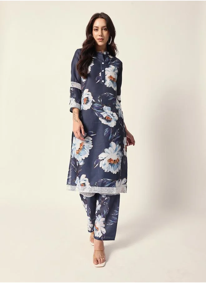 آي شين Women's Teal Blue Muslin Textured Tunic Full Palazzo Regular Fit Kurta Set