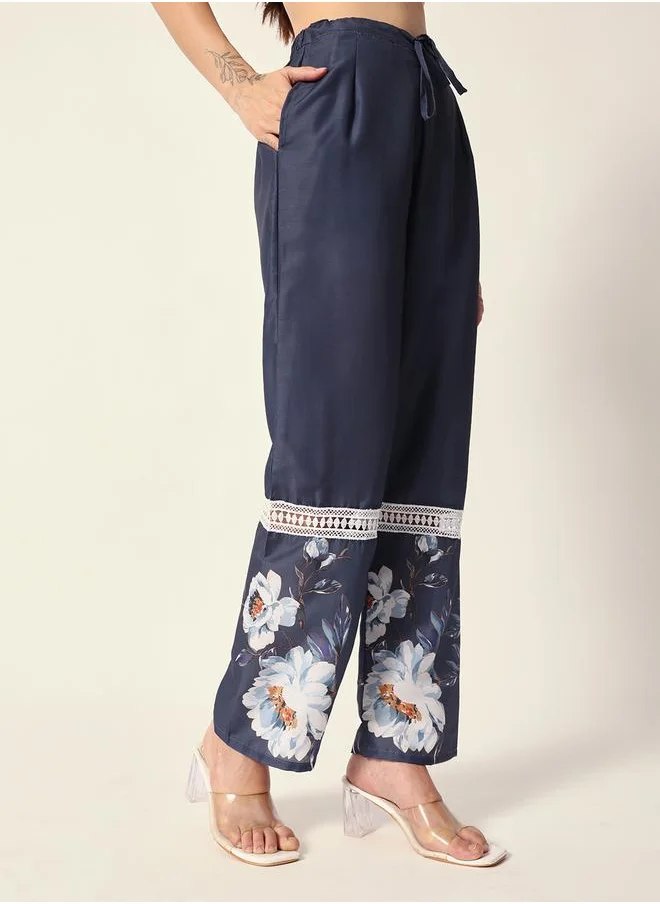 آي شين Women's Teal Blue Muslin Textured Tunic Full Palazzo Regular Fit Kurta Set