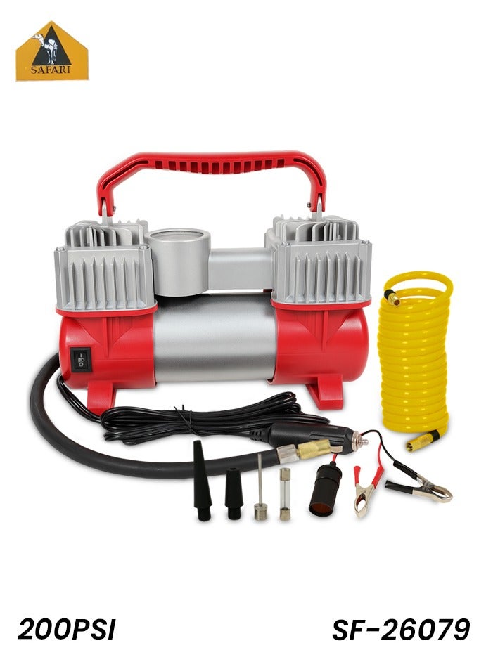 سفاري ضاغط هواء سفاري مزدوج الأسطوانة 200 رطل لكل بوصة مربعة 12 فولت، مضخة نفخ إطارات شديدة التحمل مع ضوء LED، نفخ سريع 85 لترًا في الدقيقة، مضخة هواء محمولة للسيارات والدراجات النارية والسيارات الرياضية متعددة الاستخدامات مع فوهات ومشابك بطارية SF-26079 - Image 1