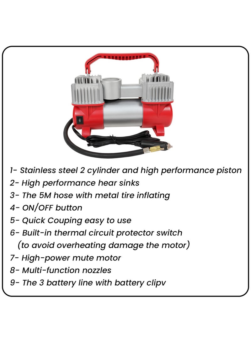 سفاري ضاغط هواء سفاري مزدوج الأسطوانة 200 رطل لكل بوصة مربعة 12 فولت، مضخة نفخ إطارات شديدة التحمل مع ضوء LED، نفخ سريع 85 لترًا في الدقيقة، مضخة هواء محمولة للسيارات والدراجات النارية والسيارات الرياضية متعددة الاستخدامات مع فوهات ومشابك بطارية SF-26079 - Image 4