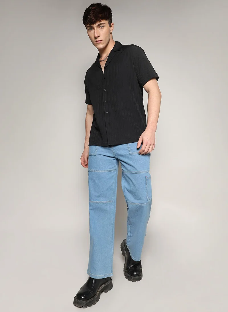كامبوس سوترا Men's Charcoal Black Self-Design Striped Shirt