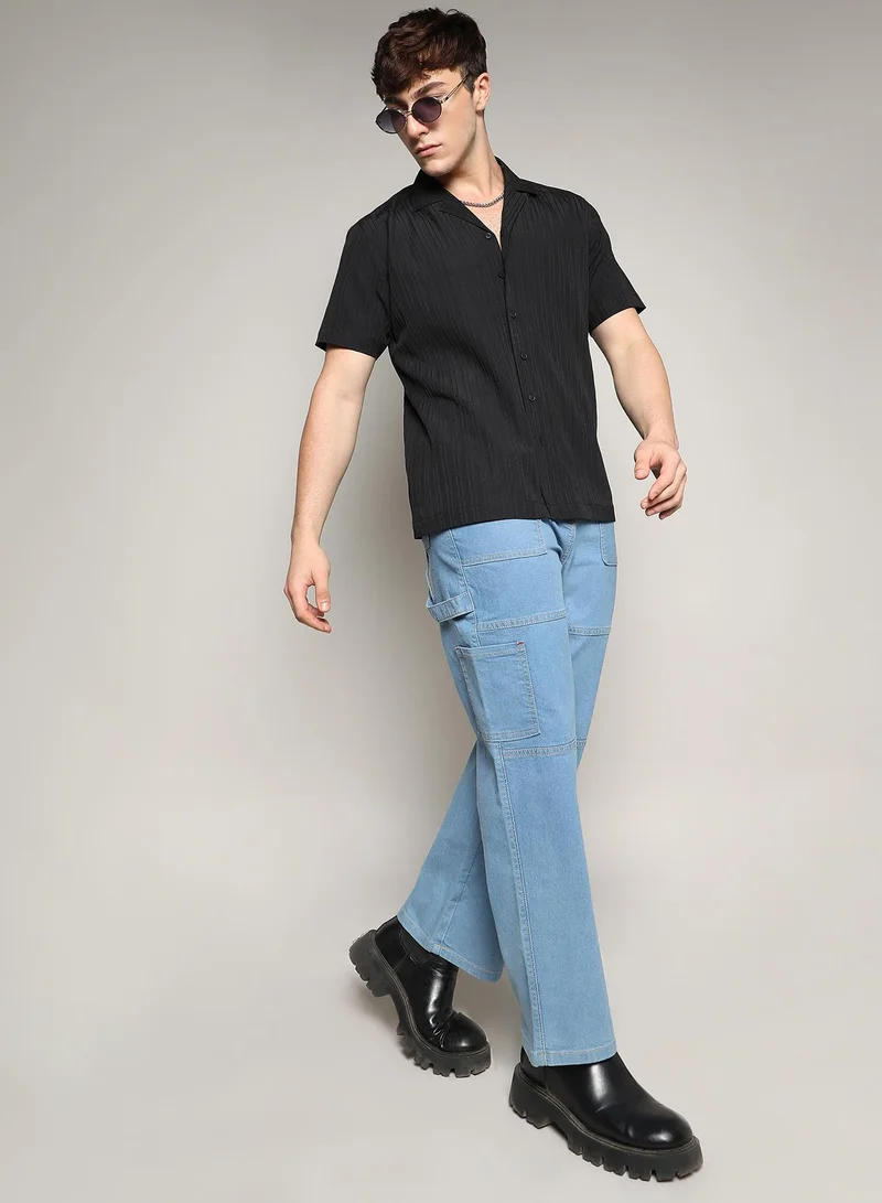 كامبوس سوترا Men's Charcoal Black Self-Design Striped Shirt