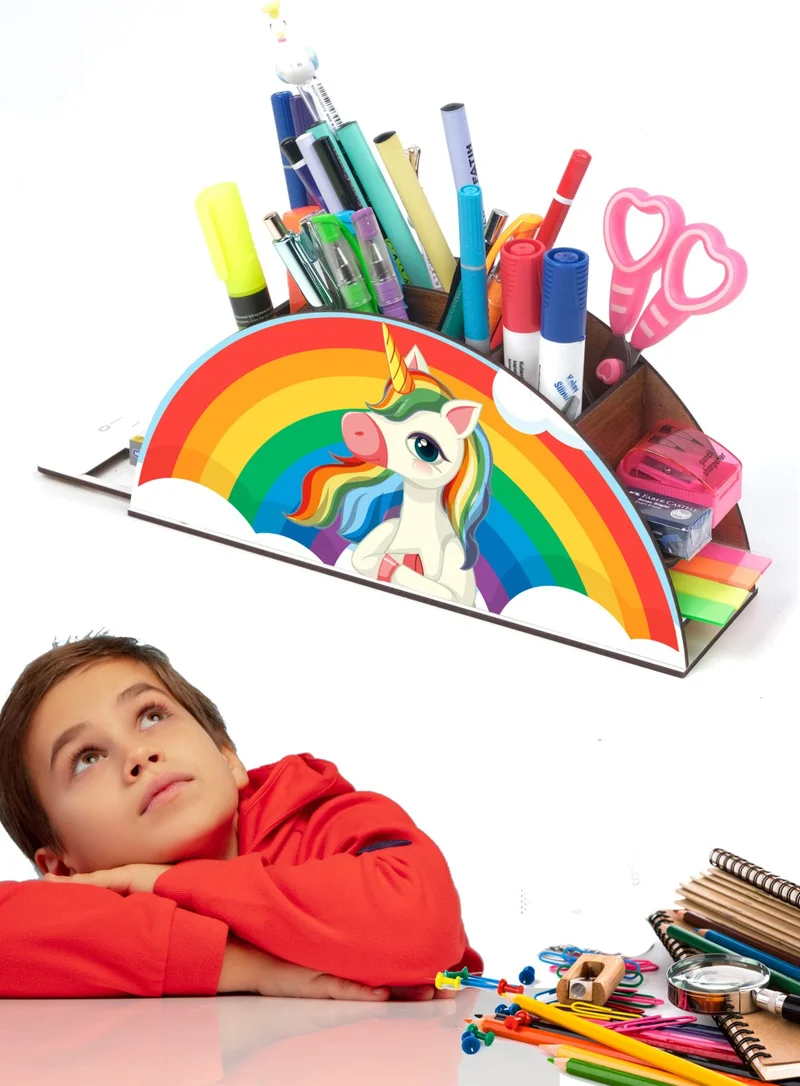نوتبا Wooden Thinking Unicorn Rainbow Ruled Desktop Pencil Holder Box Organizer for Kids GK105