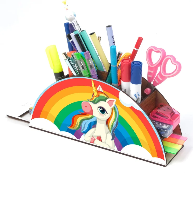 نوتبا Wooden Thinking Unicorn Rainbow Ruled Desktop Pencil Holder Box Organizer for Kids GK105