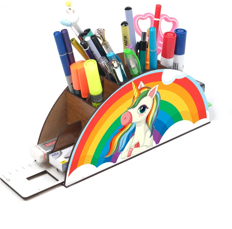 نوتبا Wooden Thinking Unicorn Rainbow Ruled Desktop Pencil Holder Box Organizer for Kids GK105