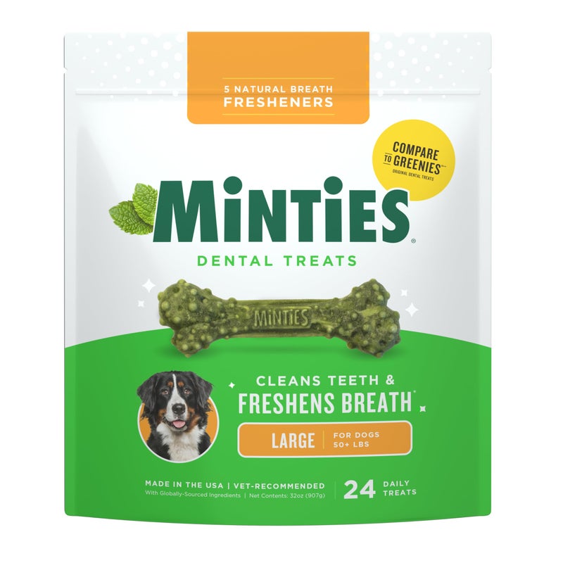 Minties Dental Chews for Dogs, 24 Count, Vet-Recommended Mint-Flavored Treats for Large Dogs Over 50 lbs, Dental Bones Clean Teeth, Fight Bad Breath, and Removes Plaque and Tartar - Image 1