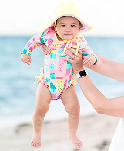 RuffleButts Baby Girls UPF 50 Sun Protection Novelty Print Long Sleeve One Piece Rash Guard Swimsuit with Zipper Ice Cream Social 03m - Image 3