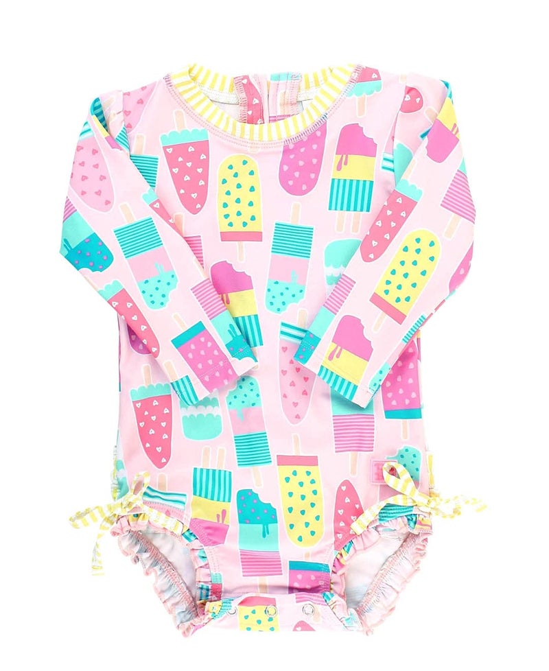RuffleButts Baby Girls UPF 50 Sun Protection Novelty Print Long Sleeve One Piece Rash Guard Swimsuit with Zipper Ice Cream Social 03m - Image 2