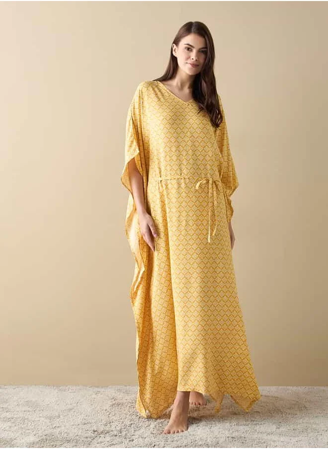 فاف All-Over Print Kaftan Night Gown with Tie-Ups