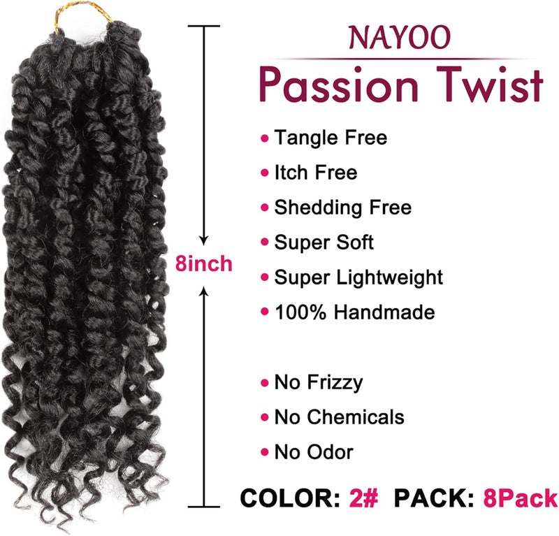 NAYOO Passion Twist Hair - 8 Packs 8 Inch Passion Twist Crochet Hair For Black Women, Crochet Pretwisted Curly Hair Passion Twists Synthetic Braiding Hair Extensions(8 Inch 8 Packs, #2) - Image 2