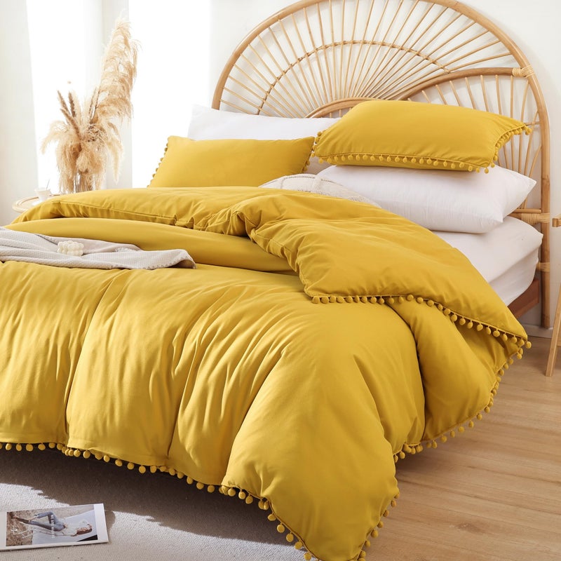 YIRDDEO Queen Comforter Set  Comforter Queen Size Sets with Ball Pom Fringe Soft Bedding Set for All Seasons  3 Pieces 1 Comforter 90x90  2 Pillow Shams 20x26 Mustard Yellow