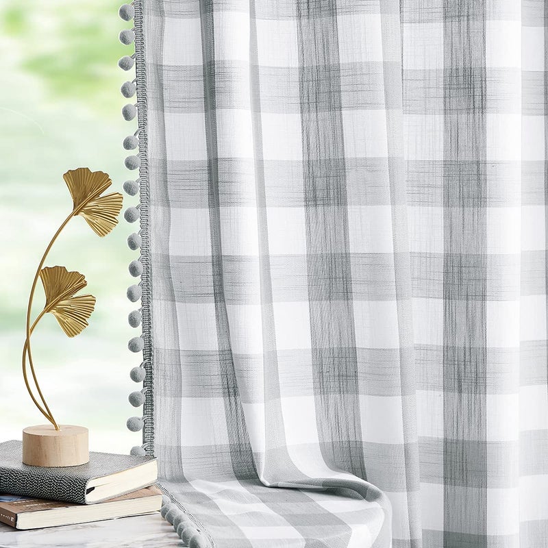 Treatmentex PomPom Check Curtains Grey White Gingham Plaid Curtain Panels 63 inch Rustic Farmhouse Style Semi Sheer Buffalo Check Window Drapes for Living Room Bedroom Kitchen 2 Panels - Image 4
