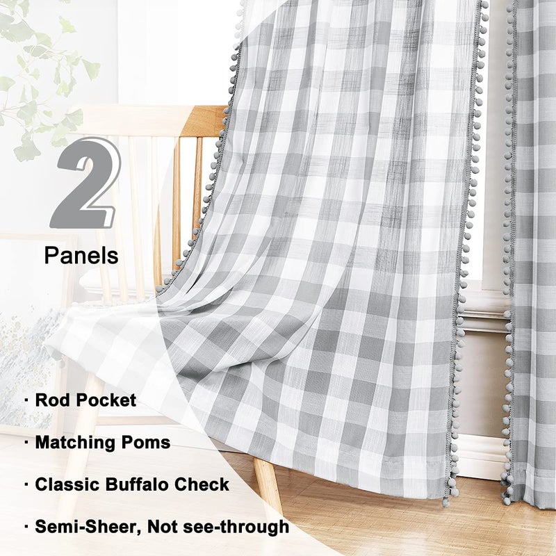 Treatmentex PomPom Check Curtains Grey White Gingham Plaid Curtain Panels 63 inch Rustic Farmhouse Style Semi Sheer Buffalo Check Window Drapes for Living Room Bedroom Kitchen 2 Panels - Image 3