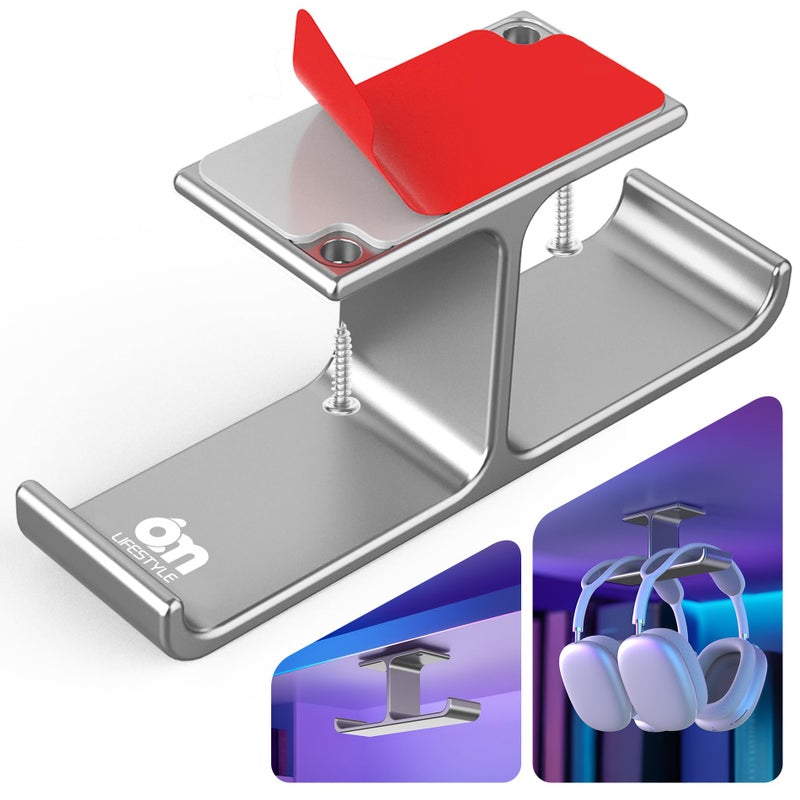 6amLifestyle All Aluminum Headset Headphone Stand Hanger Under Desk Designed [Patented] Headphone Holder Hook by Strong Adhesive & Screws,PC Gaming Accessories Compatible with PC Gaming DJ Headsets,Silver - Image 1