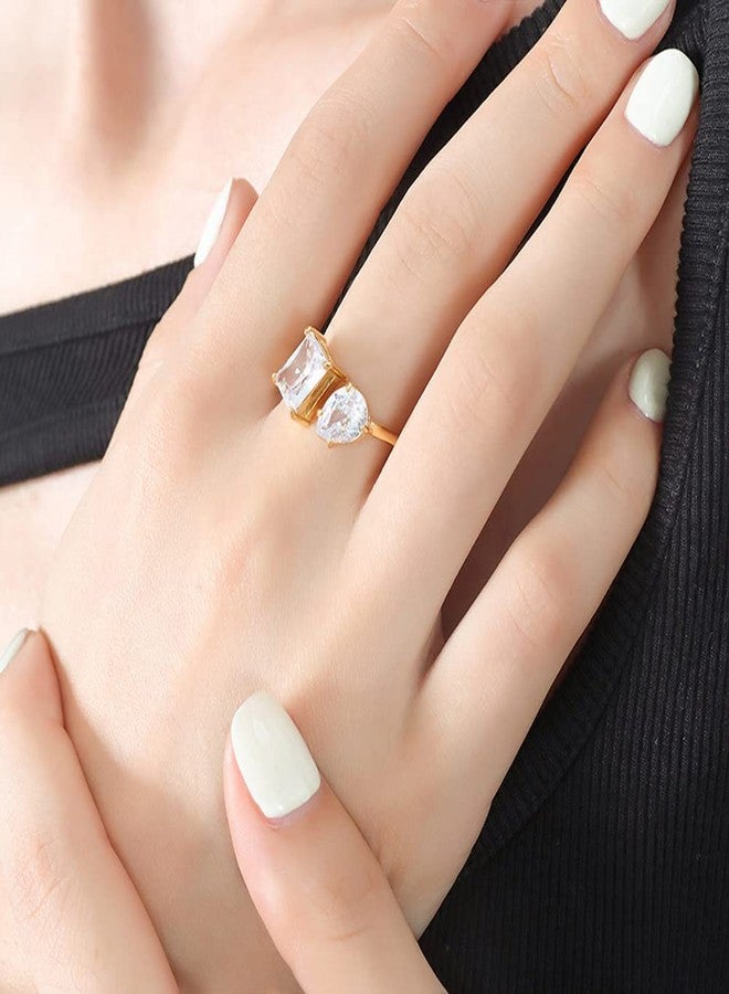 OIDIMS Crystal Zircon Open Ring for Women Stainless Steel Gold-Tone Plated Engagement Wedding Adjustable Middle Bands Cubic Zirconia Statement Birthstone Rings Anniversary Birthday Jewelry Gift (Clear) - Image 2