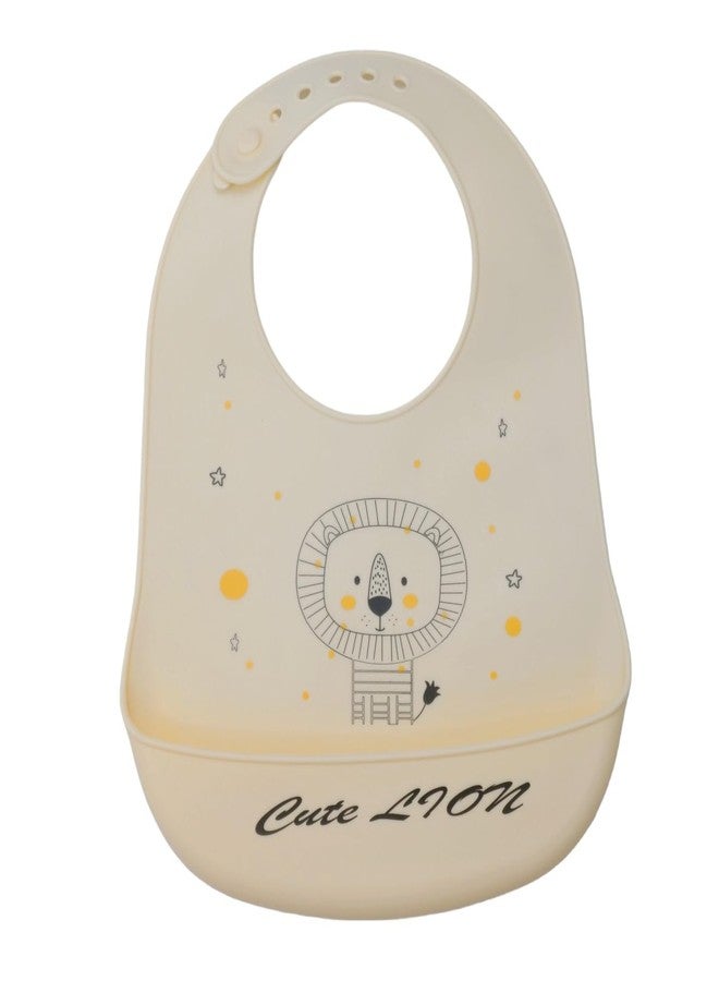Yellow Bee Silicone Lion Print Bib with Crumb Catcher and Adjustable Closure for Boys, Cream, 6-36 Months - Image 1