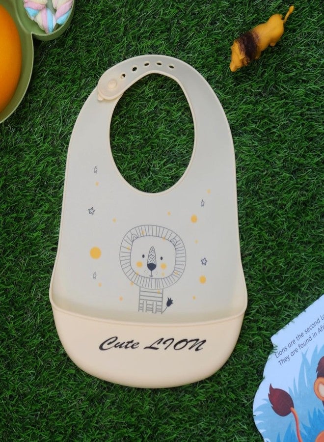 Yellow Bee Silicone Lion Print Bib with Crumb Catcher and Adjustable Closure for Boys, Cream, 6-36 Months - Image 2