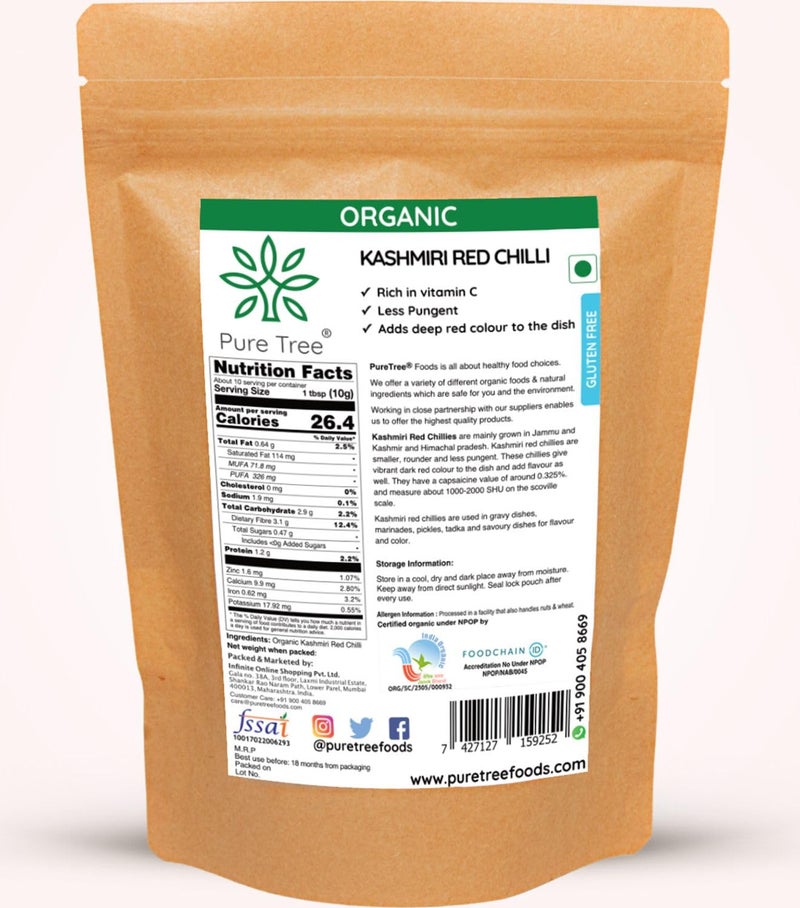 Pure Tree Certified Organic Kashmiri Lal Mirch | 200 Gram | Red Chilli Whole | Sabut Lal Mirch | Kashmiri Chilli Lal Mirch Whole Strong Smoky Spice | Dry Red Chilli Whole - Image 2