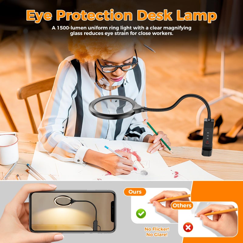NAZANO Magnifying Glass with Light and Stand, 15X & 8X Magnifying Lamp with Clamp, 5 Color Lighting Modes Stepless Dimmable LED Desk Lamp Hands Free for Crafts Hobby Reading Painting Sewing Close Work - Image 4