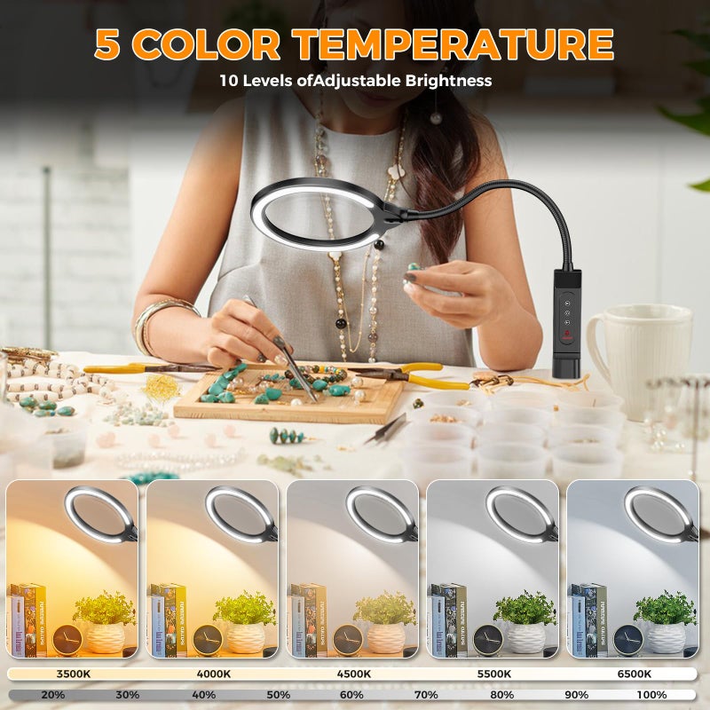NAZANO Magnifying Glass with Light and Stand, 15X & 8X Magnifying Lamp with Clamp, 5 Color Lighting Modes Stepless Dimmable LED Desk Lamp Hands Free for Crafts Hobby Reading Painting Sewing Close Work - Image 5