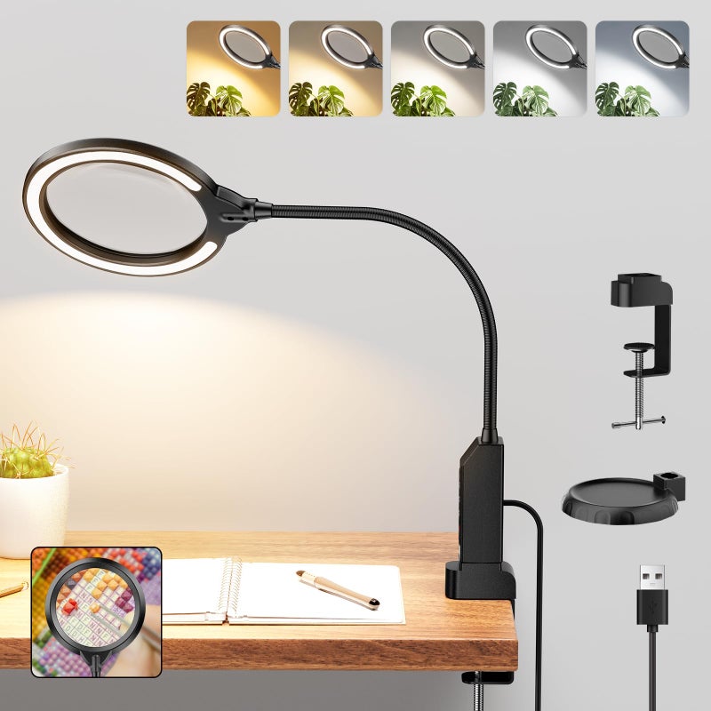 NAZANO Magnifying Glass with Light and Stand, 15X & 8X Magnifying Lamp with Clamp, 5 Color Lighting Modes Stepless Dimmable LED Desk Lamp Hands Free for Crafts Hobby Reading Painting Sewing Close Work - Image 1