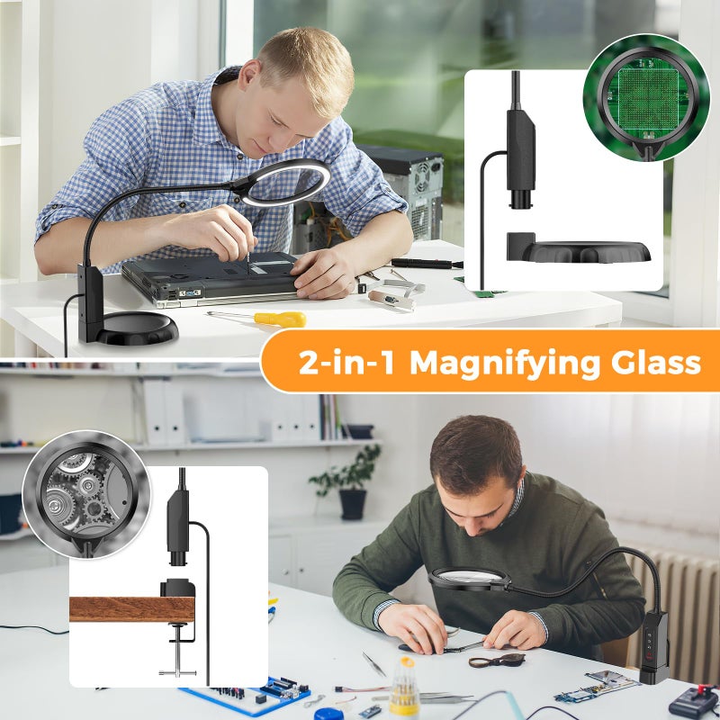 NAZANO Magnifying Glass with Light and Stand, 15X & 8X Magnifying Lamp with Clamp, 5 Color Lighting Modes Stepless Dimmable LED Desk Lamp Hands Free for Crafts Hobby Reading Painting Sewing Close Work - Image 3