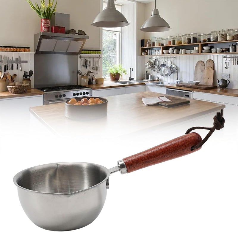 Valajogi304 Stainless Steel for Coffee Small Saucepan Heating Cookware Soup Wamer Pan with Heat Resistand Wooden Butter Warmer Pot Mini Milk Corrosion Resistant Comfortable Handle 200ML - Image 1