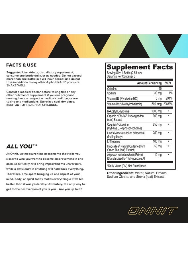 أونيت مكمل ONNIT Alpha Brain Focus Energy Shot - مشروب معزز للطاقة والتركيز والمزاج والتوتر والدماغ - بنكهة الخوخ (2.5 أونصة سائلة، 6 قطع) - Image 4