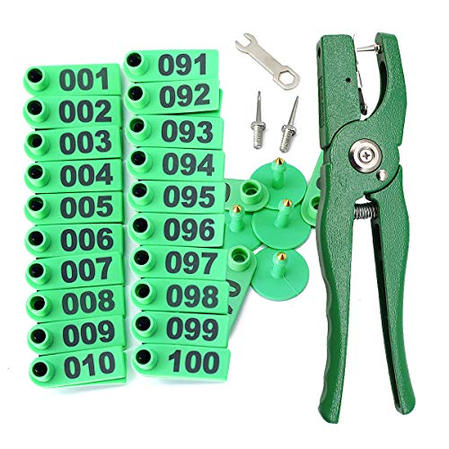 GoldPaddy Livestock Animal Ear Tagging Pliers with Spare pins and 001-100 Number Plastic Tags for Installing Pigs Cattle Sheep Ear Tags - Image 1