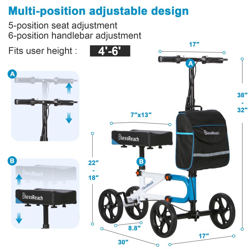 BlessReach Knee Scooterï¼ŒKnee Scooter for Adults for Foot Surgeryï¼ŒKnee Walker for Foot Injuries Compact Crutch Alternative with Dual Braking System (Blue) - Image 3