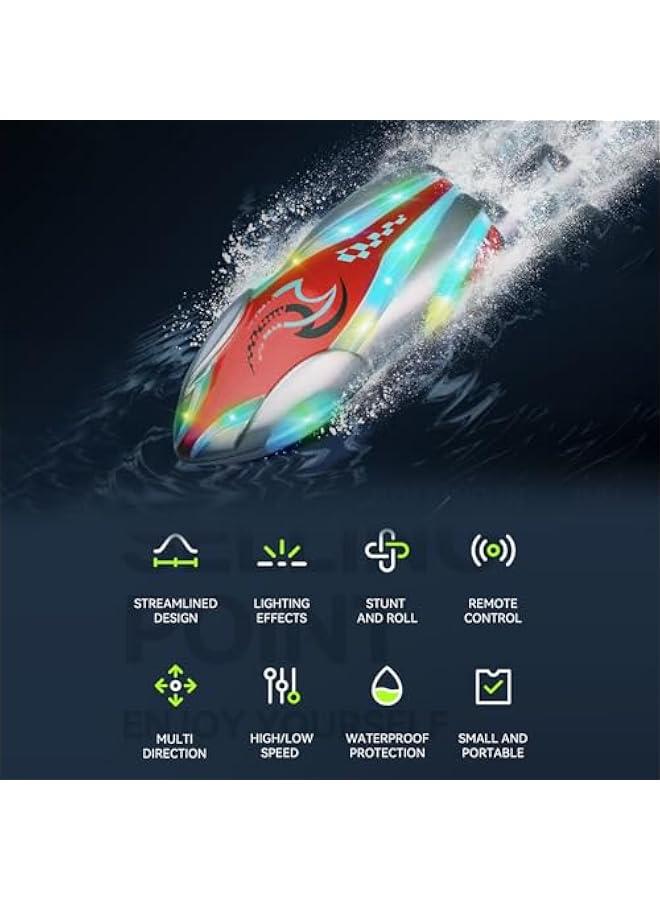 Mini RC Boat with LED Lights, Remote Control Boat for Kids and Adults, 2.4GHz Stunt RC Racing Boats with 360° Flip for Bathtub, Pools and Lakes, Gift for 6+ Year Old Boys and Girls (Red) - Image 2