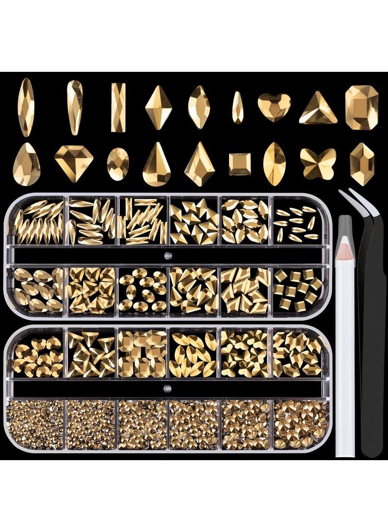BELLEBOOST 18 Styles MultiShaped Glass Gemstones for Nails and 6 Sizes Round Crystal Rhinestones Kit 9 Mineral Gold Nail Art Charm Bead Manicure Decoration with Pickup Pencil and Tweezer 