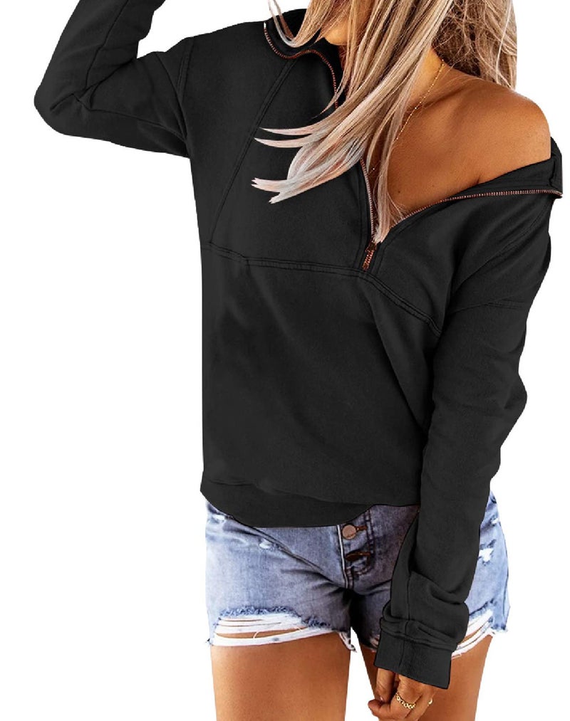 Floral Find Women's Long Sleeve Lapel Half Zip Up Sweatshirt Solid Stylish Loose Fit Casual Pullover Tops (Black, Medium) - Image 2