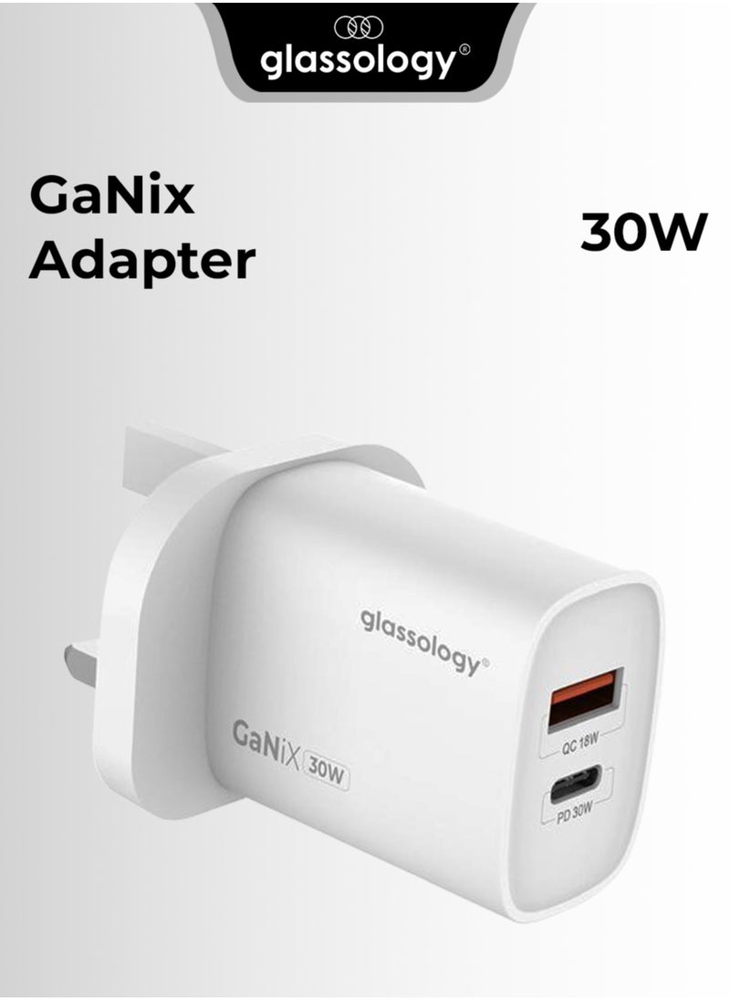 جلاسولوجي شاحن حائط سريع 30 واط بتقنية GaN: منفذان USB-C (30 واط) ومنفذ USB-A (18 واط)، تقنية GaN للشحن السريع، حماية من ارتفاع درجة الحرارة، متوافق مع أجهزة iOS وAndroid.  - Image 1