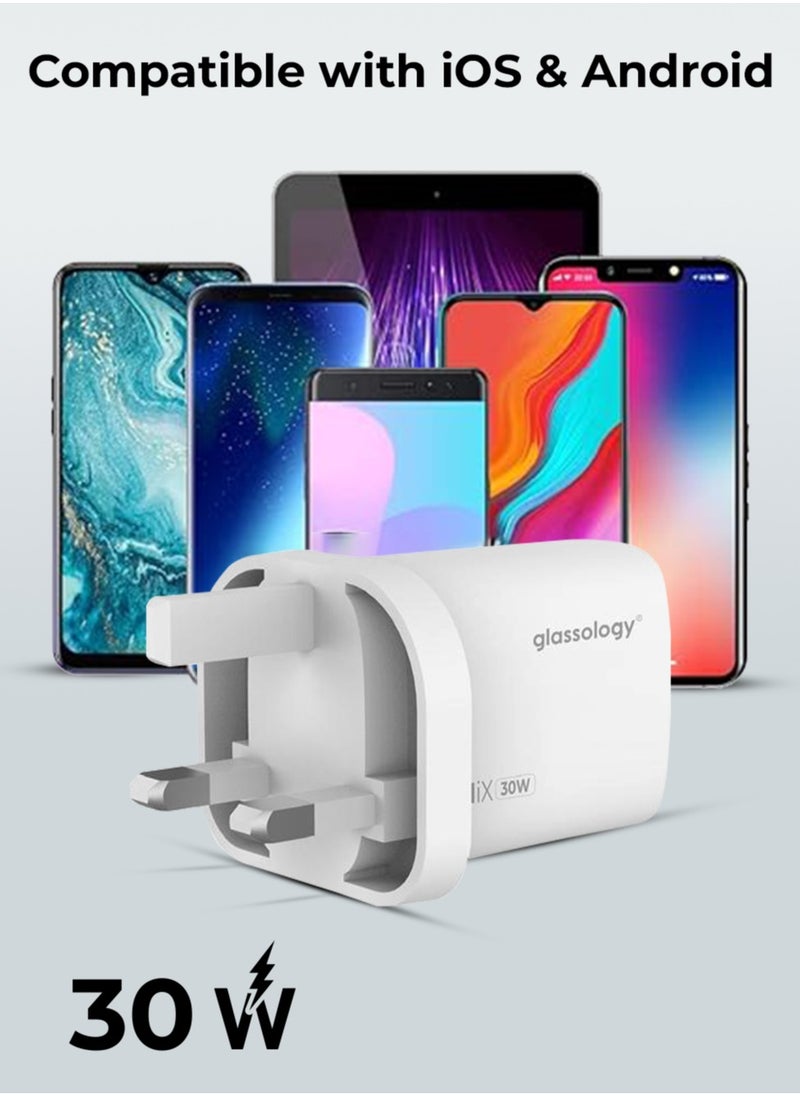 جلاسولوجي شاحن حائط سريع 30 واط بتقنية GaN: منفذان USB-C (30 واط) ومنفذ USB-A (18 واط)، تقنية GaN للشحن السريع، حماية من ارتفاع درجة الحرارة، متوافق مع أجهزة iOS وAndroid.  - Image 3