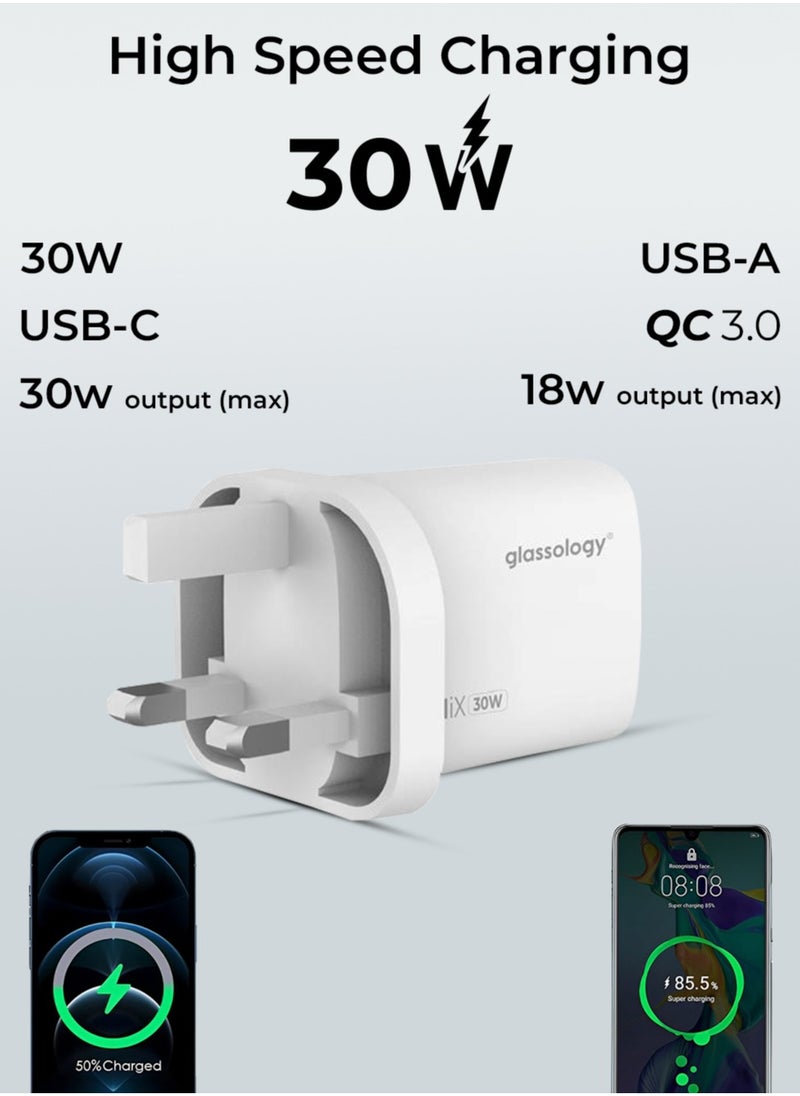 جلاسولوجي شاحن حائط سريع 30 واط بتقنية GaN: منفذان USB-C (30 واط) ومنفذ USB-A (18 واط)، تقنية GaN للشحن السريع، حماية من ارتفاع درجة الحرارة، متوافق مع أجهزة iOS وAndroid.  - Image 4