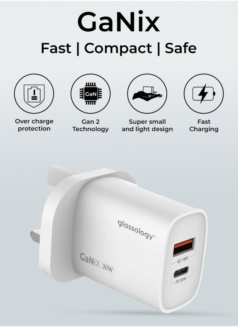 جلاسولوجي شاحن حائط سريع 30 واط بتقنية GaN: منفذان USB-C (30 واط) ومنفذ USB-A (18 واط)، تقنية GaN للشحن السريع، حماية من ارتفاع درجة الحرارة، متوافق مع أجهزة iOS وAndroid.  - Image 2