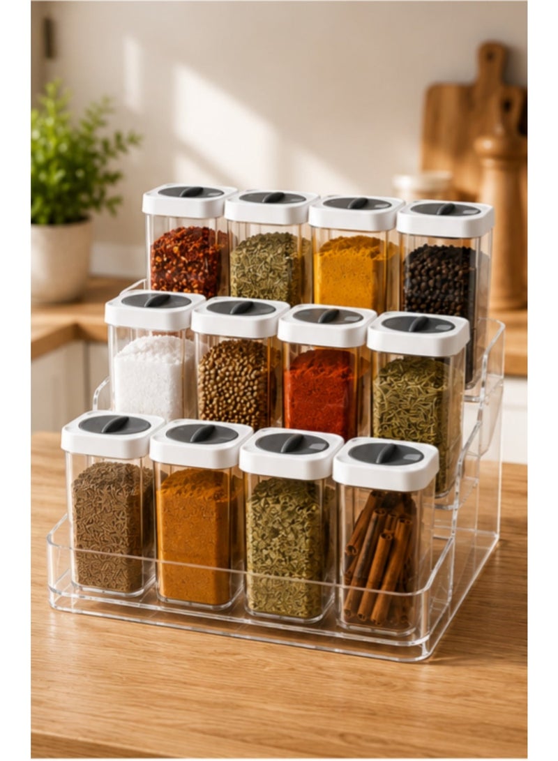 12-Piece Spice Jar Set with 3-Tier Clear Acrylic Organizer Rack – 250ml Plastic Spice Containers – Multi-Function Rotating Lids – Odor-Resistant Kitchen Storage Organizer - Image 4