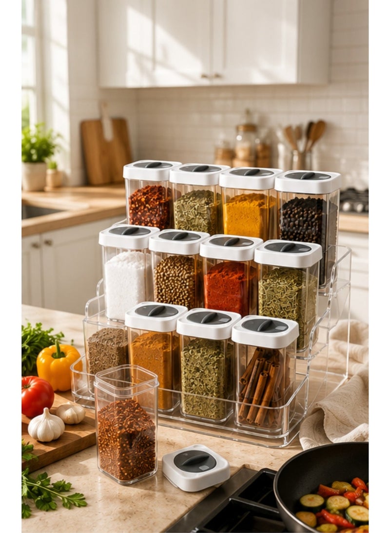 12-Piece Spice Jar Set with 3-Tier Clear Acrylic Organizer Rack – 250ml Plastic Spice Containers – Multi-Function Rotating Lids – Odor-Resistant Kitchen Storage Organizer - Image 3