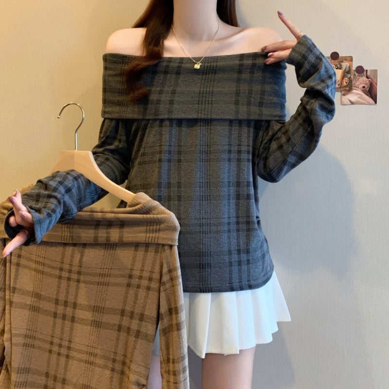 Plus-Size Early Autumn Retro Color-Blocking Off-Shoulder Plaid Slim-Fit Top For Slightly Chubby Figures - Image 2