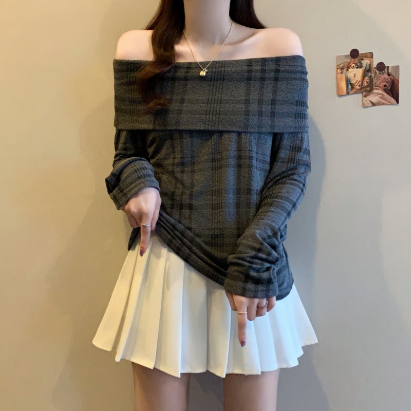 Plus-Size Early Autumn Retro Color-Blocking Off-Shoulder Plaid Slim-Fit Top For Slightly Chubby Figures - Image 4