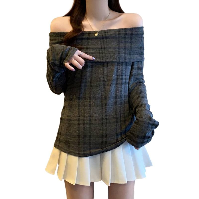 Plus-Size Early Autumn Retro Color-Blocking Off-Shoulder Plaid Slim-Fit Top For Slightly Chubby Figures - Image 5